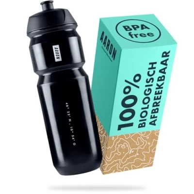 Afbeelding van AARON ECO Drinkfles, 100% biologisch afbreekbaar, 750 ml, licht en lekvrij, praktische BPA vrije waterfles voor sport, fitness, wandelen, outdoor, zwart