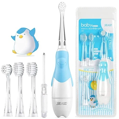 Afbeelding van SEAGO SG 513 Elektrische tandenborstel voor kinderen en baby&#039;s, kindertandenborstel, elektrisch vanaf 0 3 jaar, met ledlicht, smart timer, babytandenborstel, waterdicht, IPX7 sonische (babyblauw)