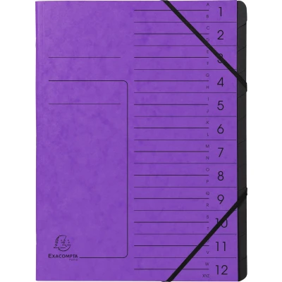 Afbeelding van Exacompta Ref. 541208E 1 Sorteermap met vaste rug en elastosluiting Omslag in bedrukte glanskarton binnenin zwart gerecycleerd karton 12 vakken formaat 24,5x 32 cm A4 Kleur: paars