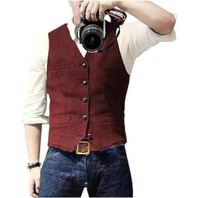 Afbeelding van Solovedress Casual wollen vest met visgraatpatroon voor onder pak, v hals, tweedvest bruiloft, groomsmen, bordeaux, L