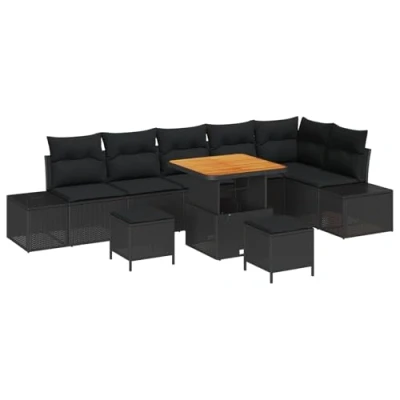 Afbeelding van vidaXL 9 delige Tuin Sofa Set met Kussens Zwart Poly Rattan Acacia