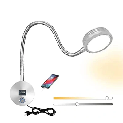Afbeelding van Nachtkastje Leeslamp Wandmontage, LED Flexibele Leeswandlamp Met Touch Schakelaar, Dimbaar Zwanenhals Lamp, Slaapkamer Nachtlampje ​Met USB Oplaadbaar, 5W Kinder Wandlampen Binnen Kabel (Zilver)