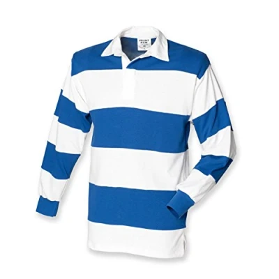 Afbeelding van Front Row Genaaid gestreept sportrugbypoloshirt met lange mouwen, Wit/Royal, M