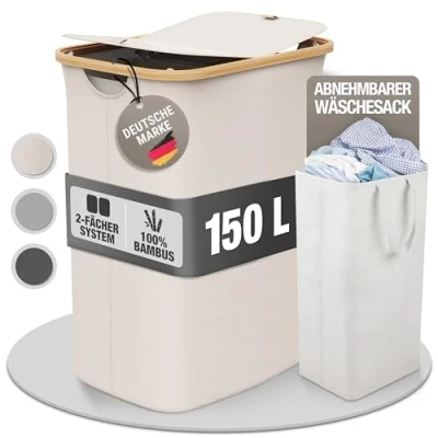 Afbeelding van Celeko Licht Wasmand, 2 vakken met deksel, 150 liter, bamboe stof, groot, XXL, sorteersysteem, wasverzamelaar, beige