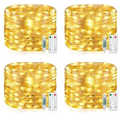 Afbeelding van [4 stuks] Waterdichte draadlichtsnoer, 15 m, 150 leds, USB, Kerstmis, buitenlichtketting, micro lichtketting voor buiten en binnen, met afstandsbediening, 8 programma&#039;s timer, slaapkamer,