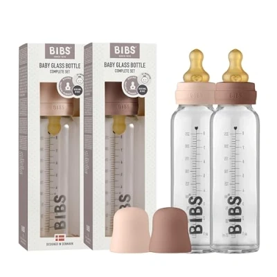 Afbeelding van BIBS Babyglazen fles, 225 ml, verpakking van 2 stuks, vermindert koliek, ronde zuiger natuurlijk rubberlatex, ondersteunt borstvoeding, complete set, ml (pak 2), Blush/Woodchuck