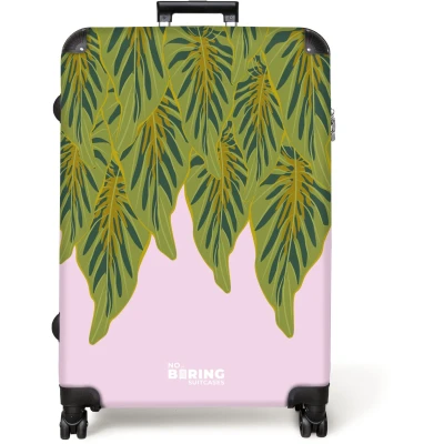 Afbeelding van NoBoringSuitcases.com® Koffer groot Reiskoffer lichtgewicht Roze met groene bladeren Rolkoffer 4 wielen Grote trolley XL 98 liter bagage