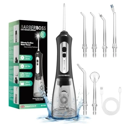 Afbeelding van BarberBoss Waterflosser, Elektrische Monddouche, Waterflossers voor tanden draadloos, Tandenreinigingsset, Snoerloze Waterflosser Gezond Tandvlees, tandenflosser, QR 7025 (Zwart)