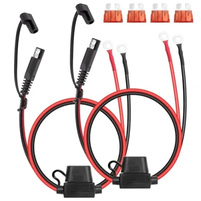 Afbeelding van GUNGY SAE Aansluitkabel 60 cm 16 AWG verlengkabel accuoplaadkabel stekker naar ringklem met 10 A zekering voor auto motorfiets acculading