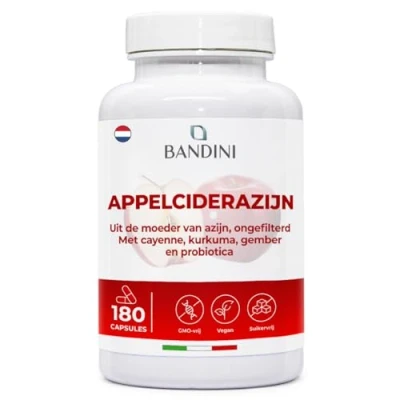 Afbeelding van Bandini® Apple Cider Vinegar Complex 1860mg Hoge Concentratie, 180 plantaardige Appelciderazijn Capsules met Moeder, Ongefilterd, Probiotica, Kurkuma, Peper, Gember, 2 Maanden Bevoorrading