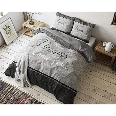 Afbeelding van SLEEP TIME Dekbedovertrek, 100% katoen, beddengoed, set van 2, True Dreams, grijs, 135 x 200 cm, met 2 kussenslopen 80 cm