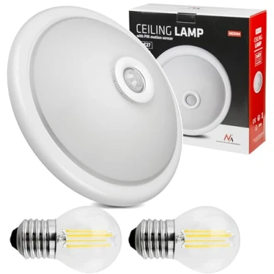 Afbeelding van Maclean Plafondlamp met een PIR bewegings en schemersensor + 2 E27 6W gloeilampen LED 40W, E27, 220 240V 50/60Hz