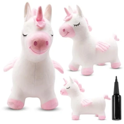 Afbeelding van Springdier met pomp 1+, springpaard, springhond, max 50kg vanaf 1 jaar, verschillende dieren en kleuren (Roze witte eenhoorn vleugels)