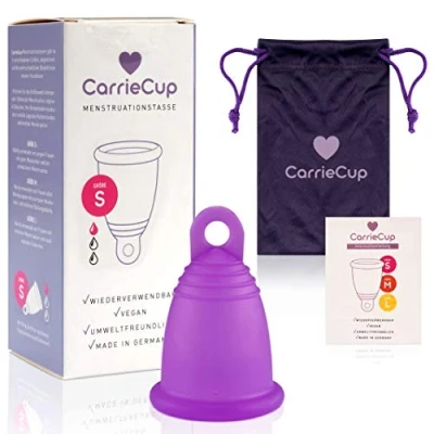 Afbeelding van CarrieCup Menstruatiemok klein, Made in Germany BPA vrij, alternatief voor tampons en maandverband, siliconenvrij incl. zakje lila