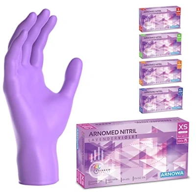 Afbeelding van ARNOMED wegwerphandschoenen paars, nitril handschoenen XS, met 100 stuks per doos, poedervrij. Latexvrije rubber handschoenen, verkrijgbaar in S, M, L &amp; XL