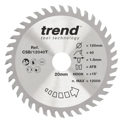 Afbeelding van Trend Hout draadloos cirkelzaagblad, 120mm diameter, 20mm boring, 40 tanden, TCT, 1,8 mm kerf, 15 haak, CSB/12040T