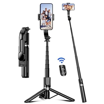 Afbeelding van Selfie Stick met verbeterd Statief [2023 Volledig nieuw ontwerp] Aluminium Staaf Mobiele Telefoon Afstandsbediening 360 Draaibaar voor iPhone Samsung, Actiecamera GoPro (Zwart)