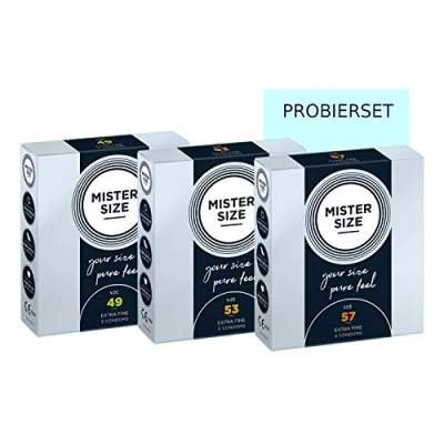 Afbeelding van MISTER SIZE Pure Feel: Feelgood Condooms Gevoelsechte Anticonceptie 100% Natuurlijk Rubberlatex in set voor proberen, 49 53 57 mm jeweil een Verpakking van 3 Stuks (3x3)