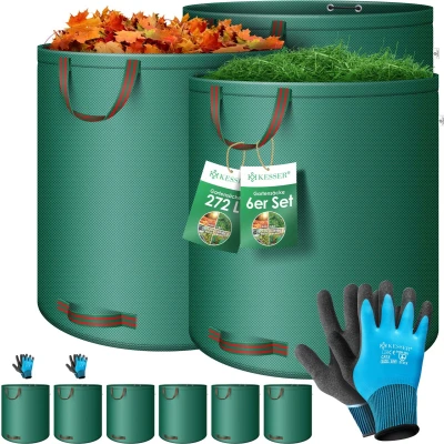 Afbeelding van KESSER® Tuinafvalzak Tuinzak Set Bladzak incl. Handschoenen Zelf Staand 4 Handvatten Stabiel Robuust &amp; Opvouwbaar Bladzakken Maaisel Tuinzakken voor Tuinafval Groenafval 6x 272 Liter, Groen