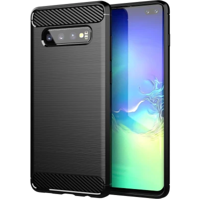 Afbeelding van Cadorabo Hoesje geschikt voor Samsung Galaxy S10 PLUS in Brushed Zwart Beschermhoes van flexibel TPU siliconen roestvrij staal carbonvezel look Case Cover