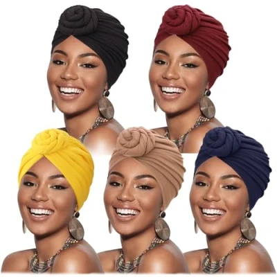 Afbeelding van DRESHOW 5 Pak Vrouwen Tulband Afrikaans Patroon Knoop Hoofddoek Beanie Voorgebonden Bonnet Chemo Pet Haaruitval Hoed