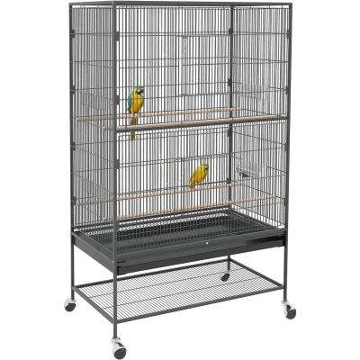 Afbeelding van PawHut vogelkooi vogelboer met zitstokken, vogelhuisje plank, vloerbak, volière deuren, wielen, spelletjes, voor kleine vogels, staal, grijs, 94 x 57 153 cm