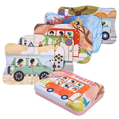 Afbeelding van BBLIKE Kinderpuzzel, autopuzzel voor kinderen, 5 puzzels, geschikt jongens en meisjes, puzzel vanaf 3, 4, jaar