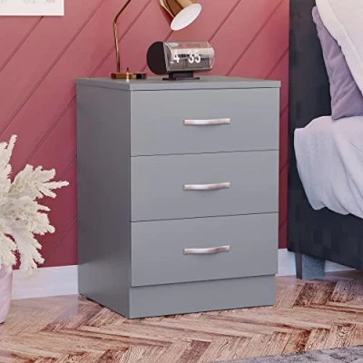 Afbeelding van Vida Designs Grijze nachtkastje ladekast, 3 lade met metalen handgrepen en lopers, unieke anti bowing ondersteuning, Riano slaapkamermeubilair..