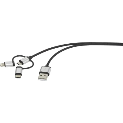 Afbeelding van Renkforce USB kabel 2.0 A stekker, C micro B Apple Lightning stekker 0.25 m Donkergrijs Gesleeved RF 3335106