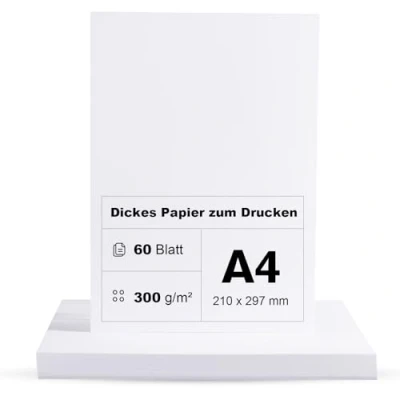 Afbeelding van 60 vellen dik papier, 300 g/m², A4, om te printen, premium kartonnen karton, wit, DIN A4 21 x 29,7 cm
