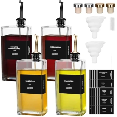 Afbeelding van BBWELL Olijfolie Dispenser Fles,4pcs Oliefles,Azijn en Olieflessen 500ml,Glazen Flessen Oliedispenser met Trechter Sausfles Karaf Olie Tuit,Olijfolie Fles Glas Koffie Siroop