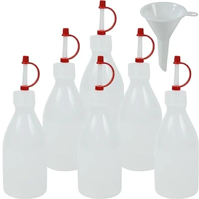 Afbeelding van 6 x druppelfles 100 ml met druppelsluiting, spuitfles, doseerfles, laboratoriumfles, medicijnfles, fles nauwe hals van kunststof (PE LD), BPA vrij made in Germany incl. vultrechter