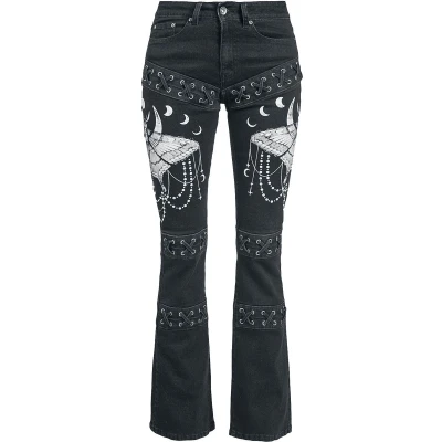 Afbeelding van Gothicana Zwarte jeans met uitgebreide prints en vetersluiting Dames W27L30
