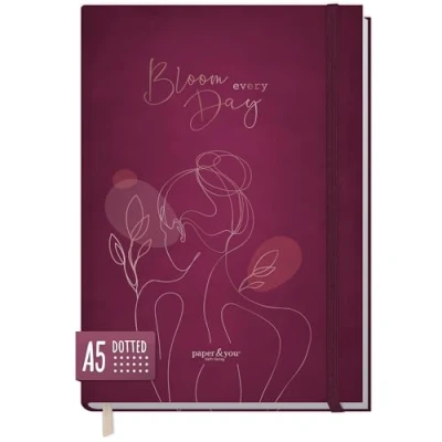 Afbeelding van paper&amp;you® Bullet Journal gestippeld A5 met elastiek [Bloom every day] 156 pagina&#039;s notitieboek, agenda duurzaam &amp; klimaatvriendelijk