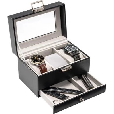 Afbeelding van ProCase Horlogedoos voor mannen, 3 sleuven horlogevitrine met lade, heren horlogekast glazen deksel, 2 laags sieraden en horlogeopslag horlogehouder organizer mannen vrouwen sleuven, zwart