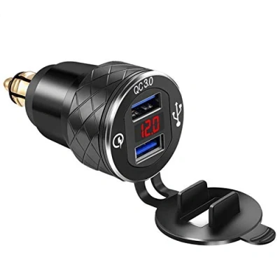Afbeelding van iMESTOU Aluminium QC3.0 Motorfiets Europese DIN Plug naar Dual USB Charger Adapter Quick Charge 3.0 met Voltmeter Compatibel BMW Triumph Tiger Ducati