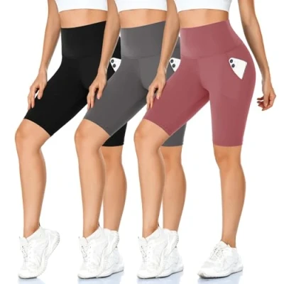Afbeelding van MOREFEEL 3 stuks fietsbroek voor dames, met zakken, hoge taille, sportshorts, ondoorzichtig, korte sportbroek, zomer, yoga, sport, fitness, zwart/donkergrijs/donkerroze, S/M