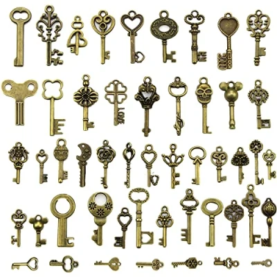 Afbeelding van Skyzone 50 stuks vintage skeletsleutels, antieke bronzen sleutelbedels, doe het zelf halsketting, hangers, sleutels, handgemaakte accessoires voor bruiloftsfeesten en verjaardagsfeestjes