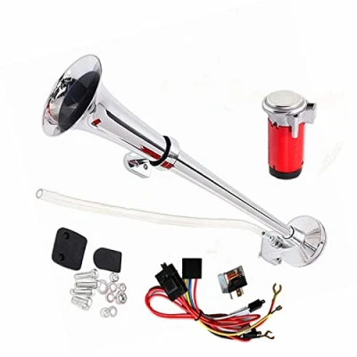 Afbeelding van YIYIDA Auto luchthoorn 150 dB claxon voor boot, verchroomd, zink, 45 cm, vrachtwagens, enkele trompet, met luchtpompcompressor, rode claxon, 24 V wagons boot