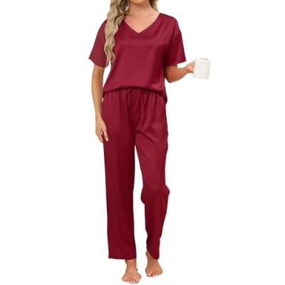 Afbeelding van Reliwel pyjama dames zomer satijn kort tweedelig huispak zijde nachtkleding korte mouwen top &amp; lange pyjamabroek zachte Pj sets voor alle seizoenen, wijnrood, XL
