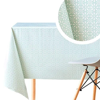 Afbeelding van KP HOME PVC afwasbaar tafelkleed rechthoekig 300 x 140 cm / 118 55 inch tot 10 zitplaatsen waterdicht vinyl tafelzeil geometrisch met bloemenpatroon in eendenei blauwe tint