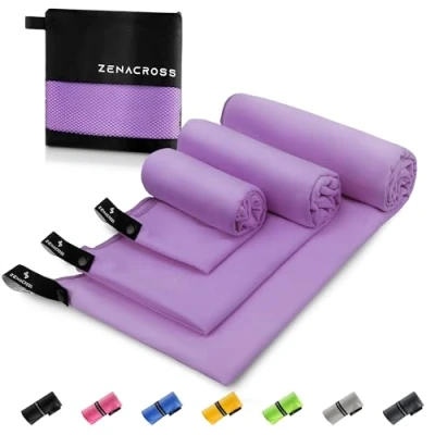 Afbeelding van Zenacross Microvezel Handdoek (Set van 3) met Draagtas Compacte Sport Handdoek, Sneldrogend en Absorberend S, M, L Paars