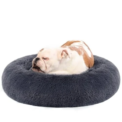 Afbeelding van Feandrea donzig hondenbed, kattenmand, donutkussen, wasbaar, uitneembare middenvulling, lang pluche, 80 cm diameter, donkergrijs PGW040G02
