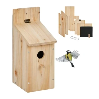 Afbeelding van Relaxdays nestkastje bouwpakket, vogels, opening 32 mm, H x B D: ca. 29,5 11,5 17 cm vogelhuisje diy, hout, natuur