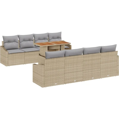 Afbeelding van vidaXL 9 delige Tuindinerset met Kussens Beige Poly Rattan Acacia