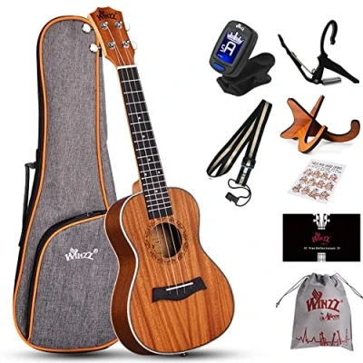 Afbeelding van Winzz Concert ukelele van 58,4 cm voor volwassenen, beginners, mahoniehouten starterskit met standaard en capo