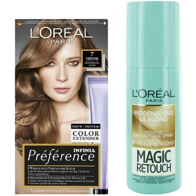 Afbeelding van L&#039;Oréal Preference Haarkleuring 07 Vienne Midden Blond + Magic Retouch Uitgroeispray Middenblond 75 ml Pakket