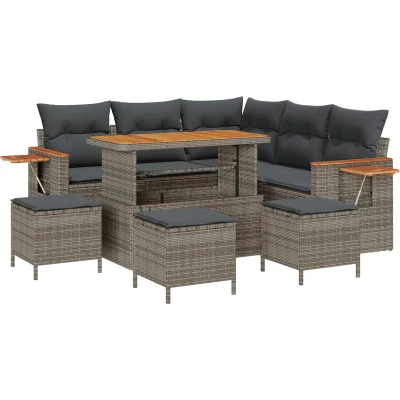 Afbeelding van vidaXL 9 delige tuinbankset met kussens Grijs Poly Rattan Acacia