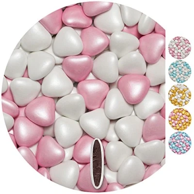 Afbeelding van EinsSein 1kg Bruidsuiker chocolade hartjes Dragées Mix medium wit roze parel mini dragee hart paars doopsuiker bruiloft chocoladehartjes suiker gekleurd suikerlaagje geboorte