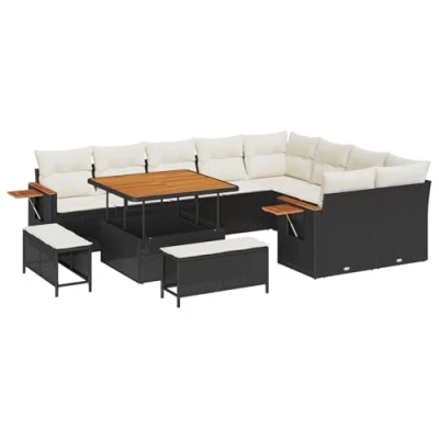Afbeelding van vidaXL 12 delige Tuin Sofa Set met Kussens Zwart Poly Rattan Acacia